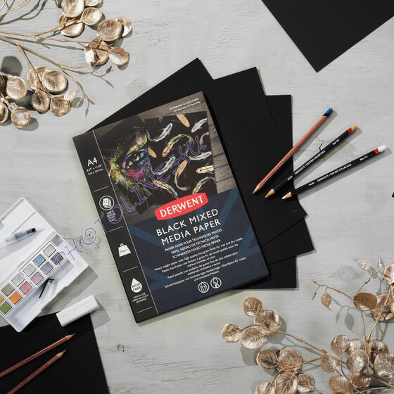 Derwent mixed media fekete papírtömb, 12 lap, 300 gr/m2, A4 Photoline